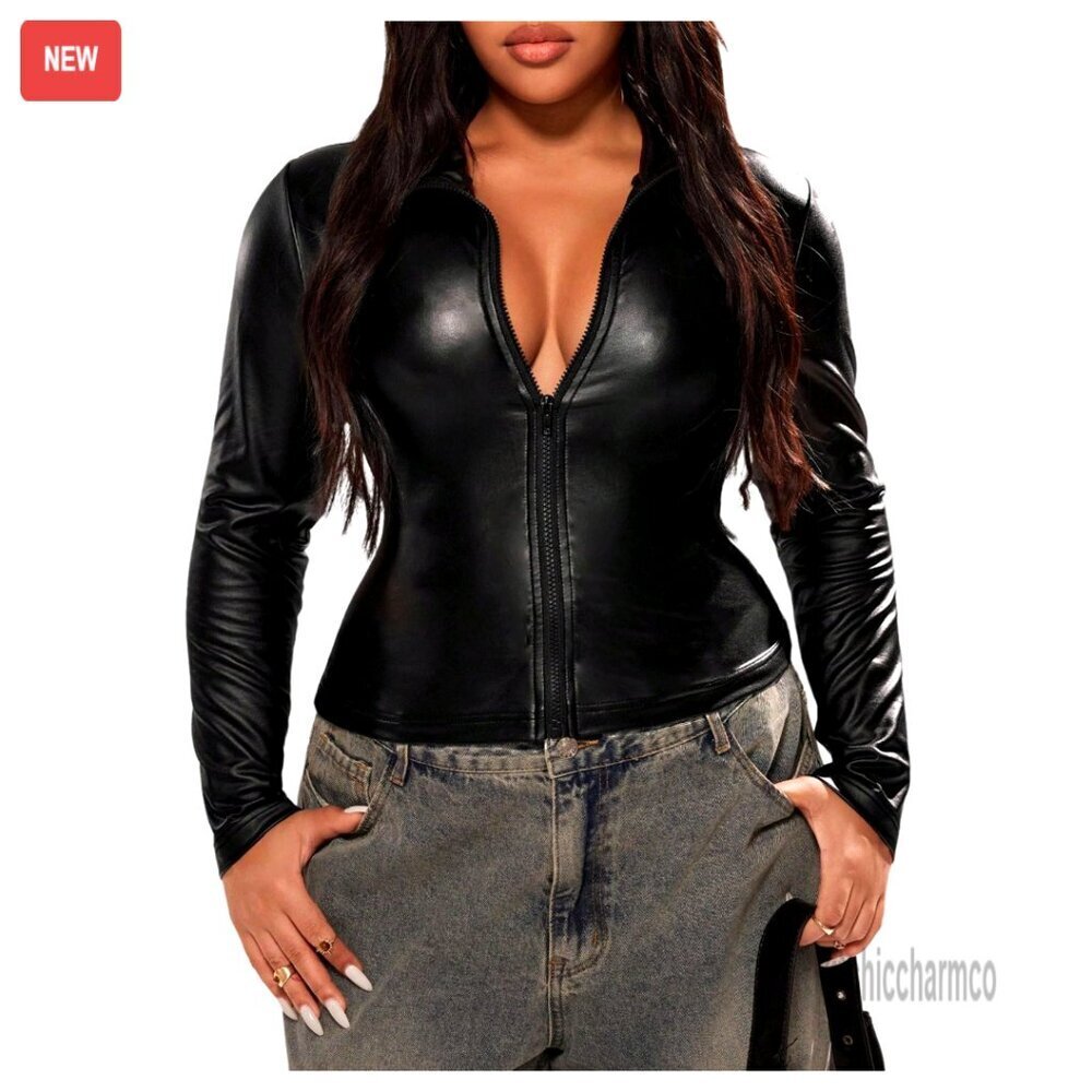 Plus Size PU Leather Motorcycle Jacket Long Sleeve Zip Up Rave Outfit